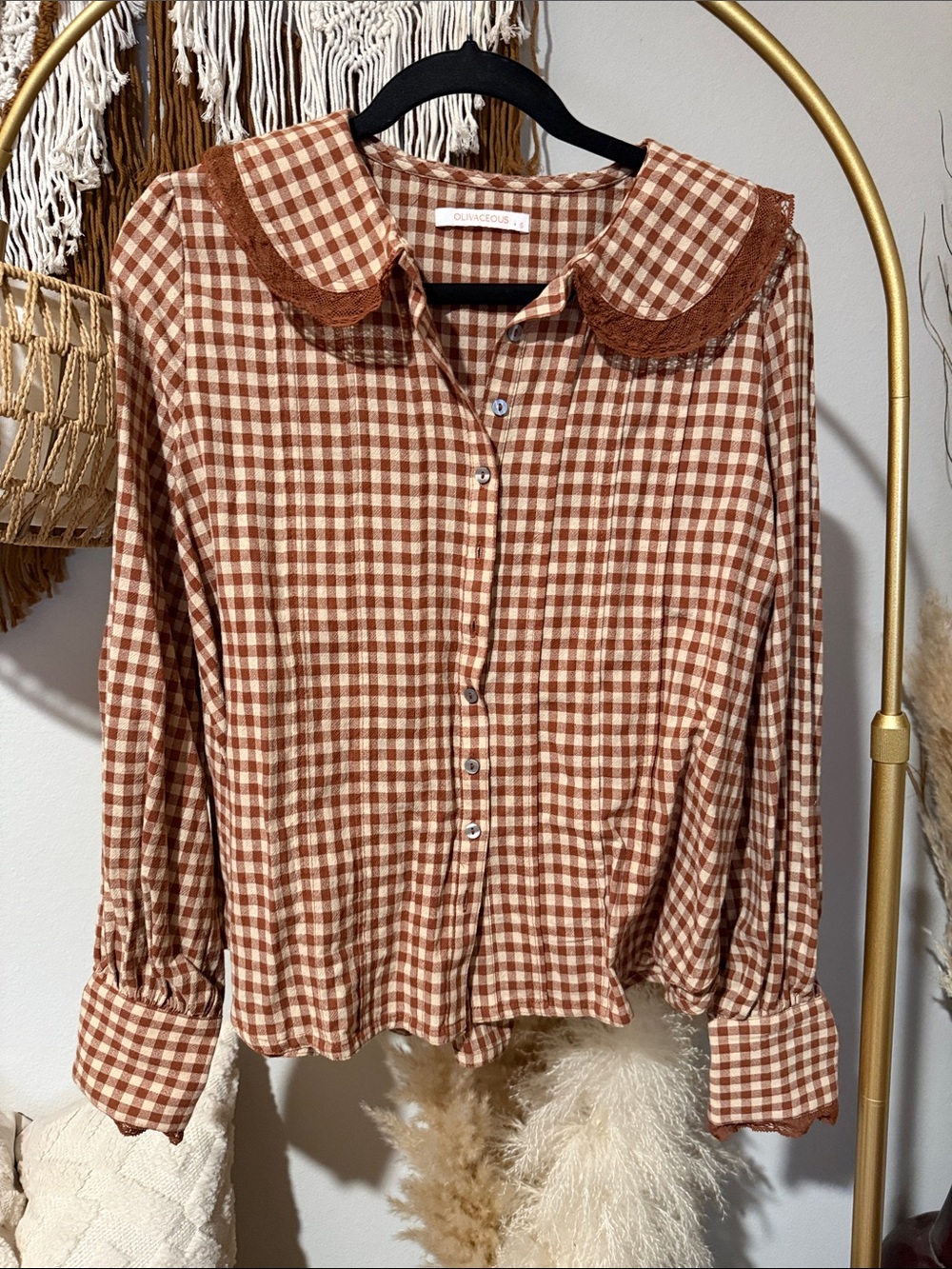 Olive & June Brown Gingham Button-Up Blouse with Lace Collar